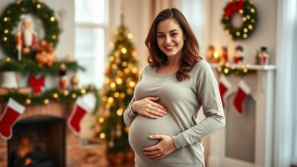 Pregnant woman smiling by decorative mantle, promoting healthy eating.