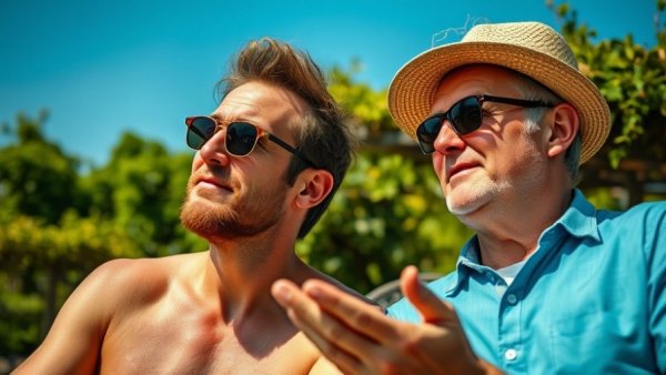Two people under sun, contrasting effects of hot weather, discussing side effects of antidepressants.