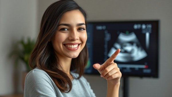 Young woman in front of ultrasound image discussing foot pain relief.