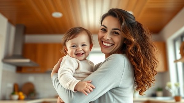 Smiling mother and toddler indoors, healthy eating lifestyle setting.