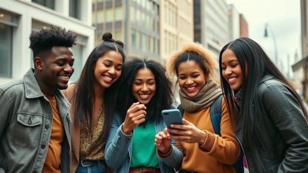 Happy group guessing celebrity smiles, promoting dental care fun.