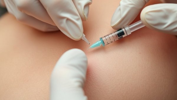 Gloved hands performing skin procedure, rash treatment and dermatology consult.