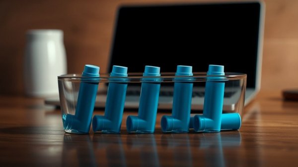 Asthma management strategies: inhalers submerged in water on tabletop.
