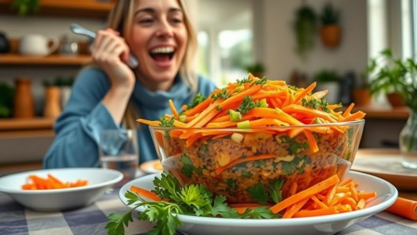 High protein carrot salad with woman enjoying the dish