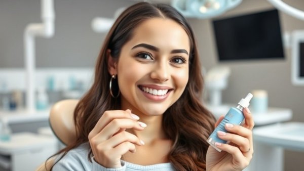Smiling young woman with dental care product in clinic, dental care demonstration.