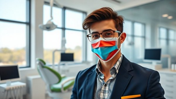 Modern dental care environment with person in colorful mask.