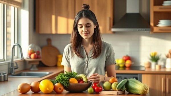 Young woman in a modern kitchen thinking about healthy eating.