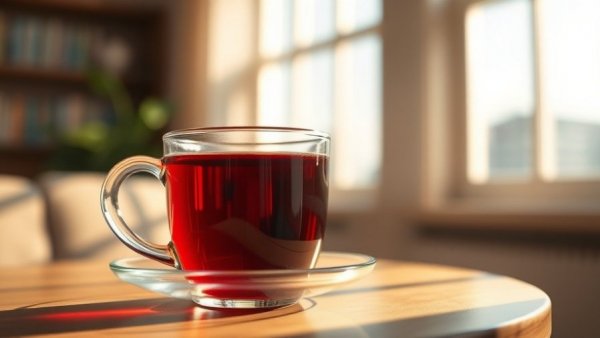 Clear glass cup with red tea by window, best time to drink tea for your health theme.