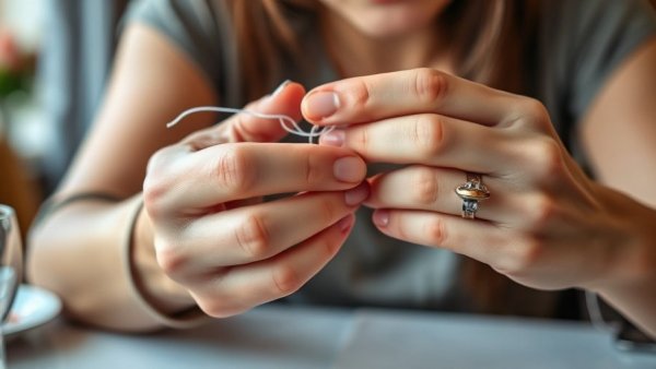 Hands demonstrating floss technique to remove stuck ring, tips given.