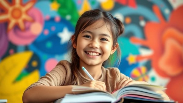 Young girl studying, smiling, with colorful abstract shapes.