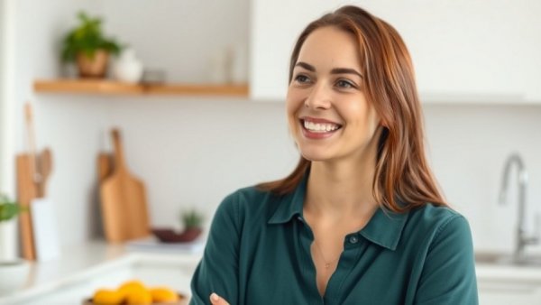 Woman discussing dental care in a bright kitchen.