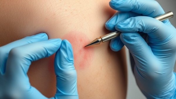 Skin rash diagnosis procedure with gloves and tool close-up.