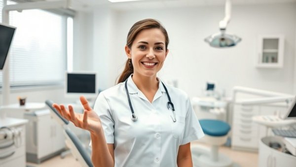 Dental hygienist explains time during cleaning in modern office.