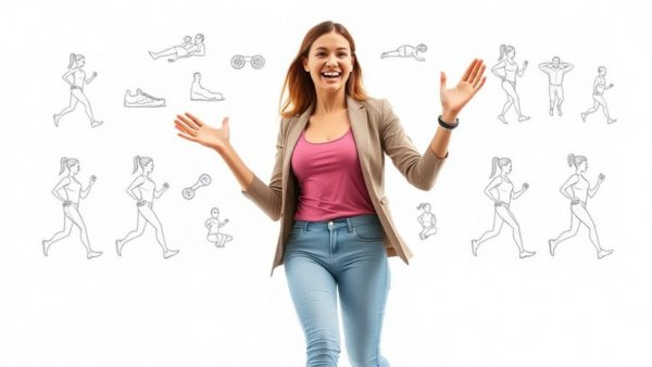 Energetic woman in workout attire demonstrating a walking exercise for weight loss.