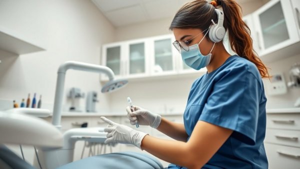 Dental hygienist cleaning equipment in a modern office, focusing on sanitation.