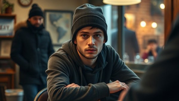 Young man nervously sitting in a room with an observer nearby, fear of swallowing context.