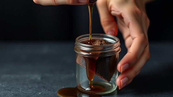 Close-up of syrup being poured into a jar with brownie, healthy snacks.