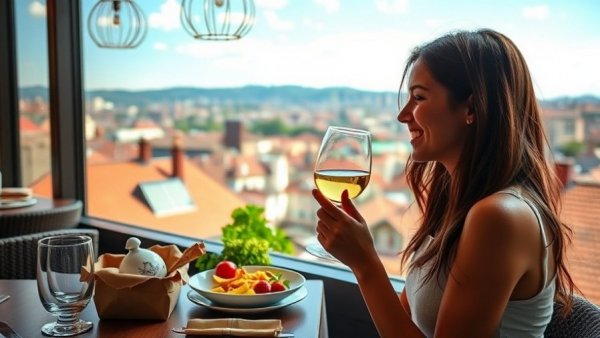 Young woman in a restaurant overlooking a cityscape, glass of wine in hand.