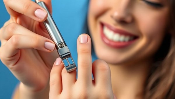 Close-up of toenail correction device and smiling woman discussing ingrown toenail solutions.
