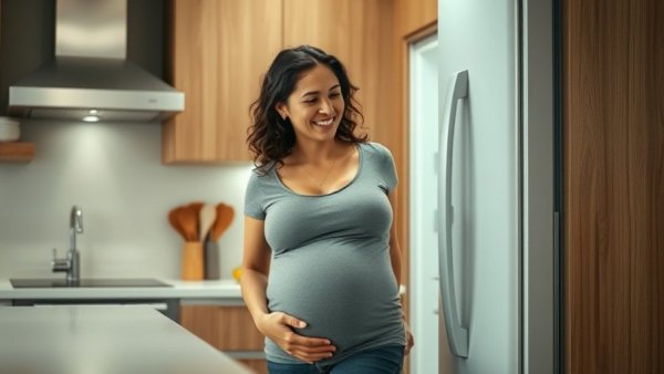 Pregnant woman opening refrigerator for healthy eating during pregnancy.