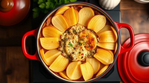 Plant-based high fiber shepherd's pie with layered potatoes in red pot.