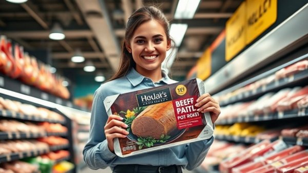 Woman in grocery store holding beef pot roast package, low carb diet concept.