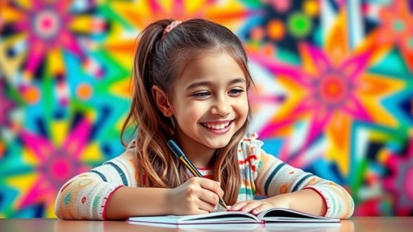Young girl focuses on writing amid vibrant patterns, symbolizing data science competitions in children's mental health.