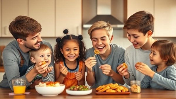Family making homemade healthy snacks in a modern kitchen.