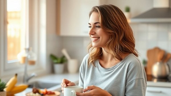 A woman enjoying breakfast in a cozy kitchen for a realistic morning routine focused on health goals.