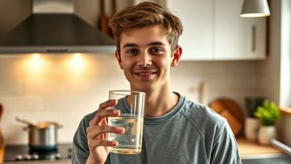 Warm kitchen scene, person with glass of water.