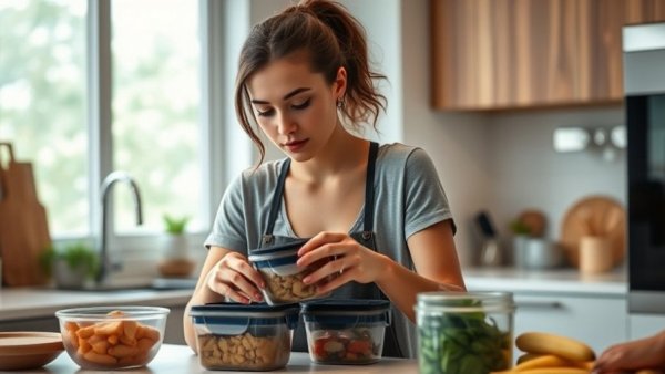 Woman organizing meal prep in modern kitchen for healthy eating