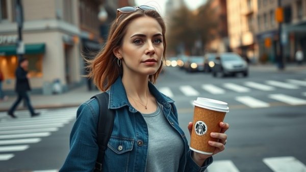 Woman with to-go coffee cups crosses street in morning light.