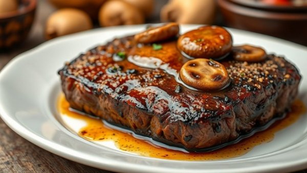 Juicy grilled steak with mushrooms, highlighting health risks of animal-based diet, photorealistic.