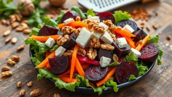 Healthy salad for heart health with beets and walnuts on a rustic table.