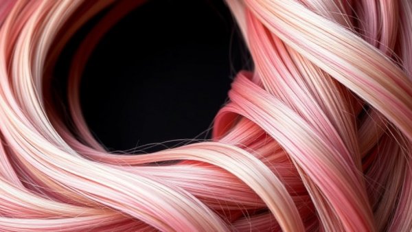 Close-up of dyed hair extensions in pink and blonde hues
