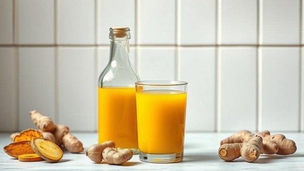 Turmeric ginger drink with fresh ginger, white background.