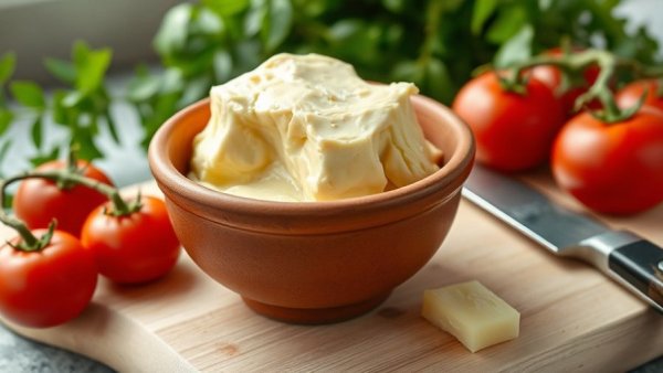 Beef tallow in clay bowl on wooden board; heart health cooking focus.