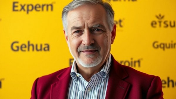 Middle-aged man in burgundy blazer against a yellow backdrop, promoting colorectal cancer awareness.