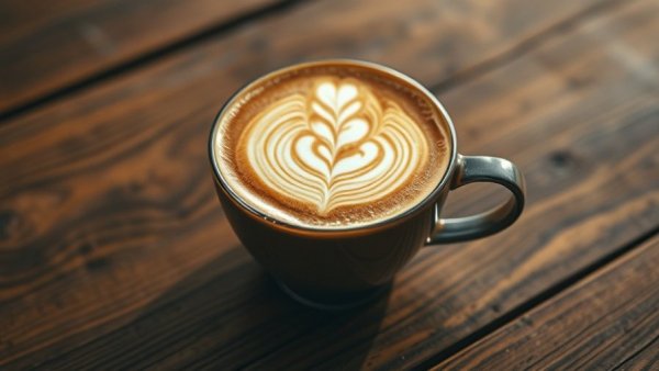 Latte with heart design in blue cup on wooden table.