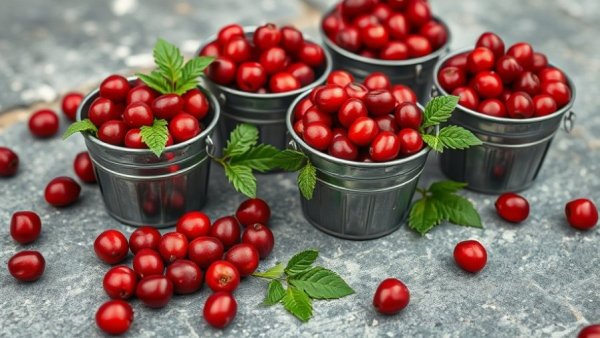 Vibrant cranberries in metal buckets, related to blood pressure.