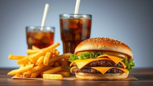 Juicy cheeseburger and golden fries with soda illustrating ultra-processed foods' death risk.