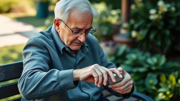 Elderly person using smartwatch for wearable trackers for depression outdoors.