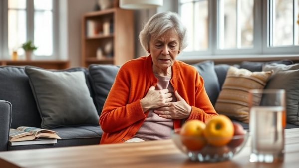 Older woman displaying acid reflux symptoms in a cozy living room.