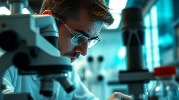 Laboratory technician using microscope in high-tech lab, related to insulin resistance and cancer risk research.