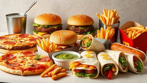 Fast food assortment depicting unhealthy diet.