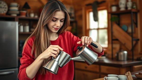 Young woman pouring coffee in cozy kitchen.