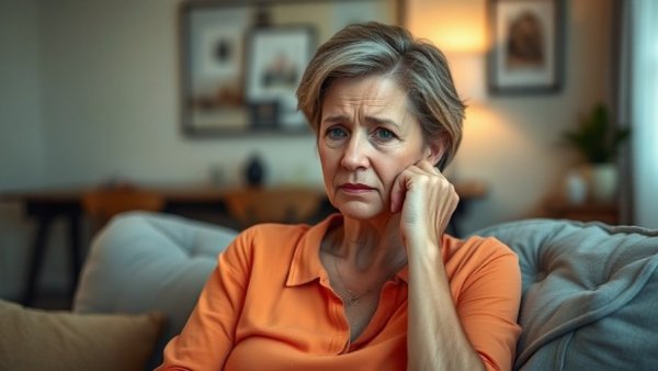 Woman experiencing stomach pain on a couch.