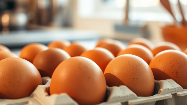 Brown eggs in a carton with warm lighting.