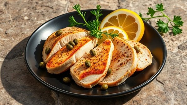 Seasoned chicken breast with lemon and capers on a plate. High-protein low-carb foods.
