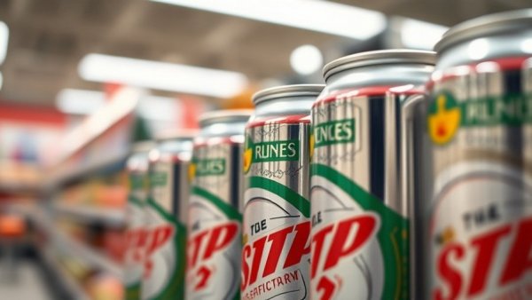 Close-up of drink cans on a supermarket shelf, sugary drinks background.